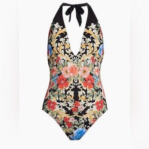 Johnny Was Black Royal Halter One Piece Swimsuit Swimwear Size L NWT